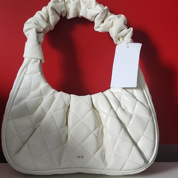 White Quilted Crescent Shoulder Bag with Ruched Handle - Picture 1 of 12